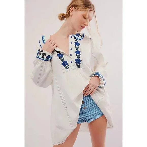 NEW FREE PEOPLE MORE TO COME EMBROIDERED LONG SLEEVE IVORY MINI DRESS LARGE